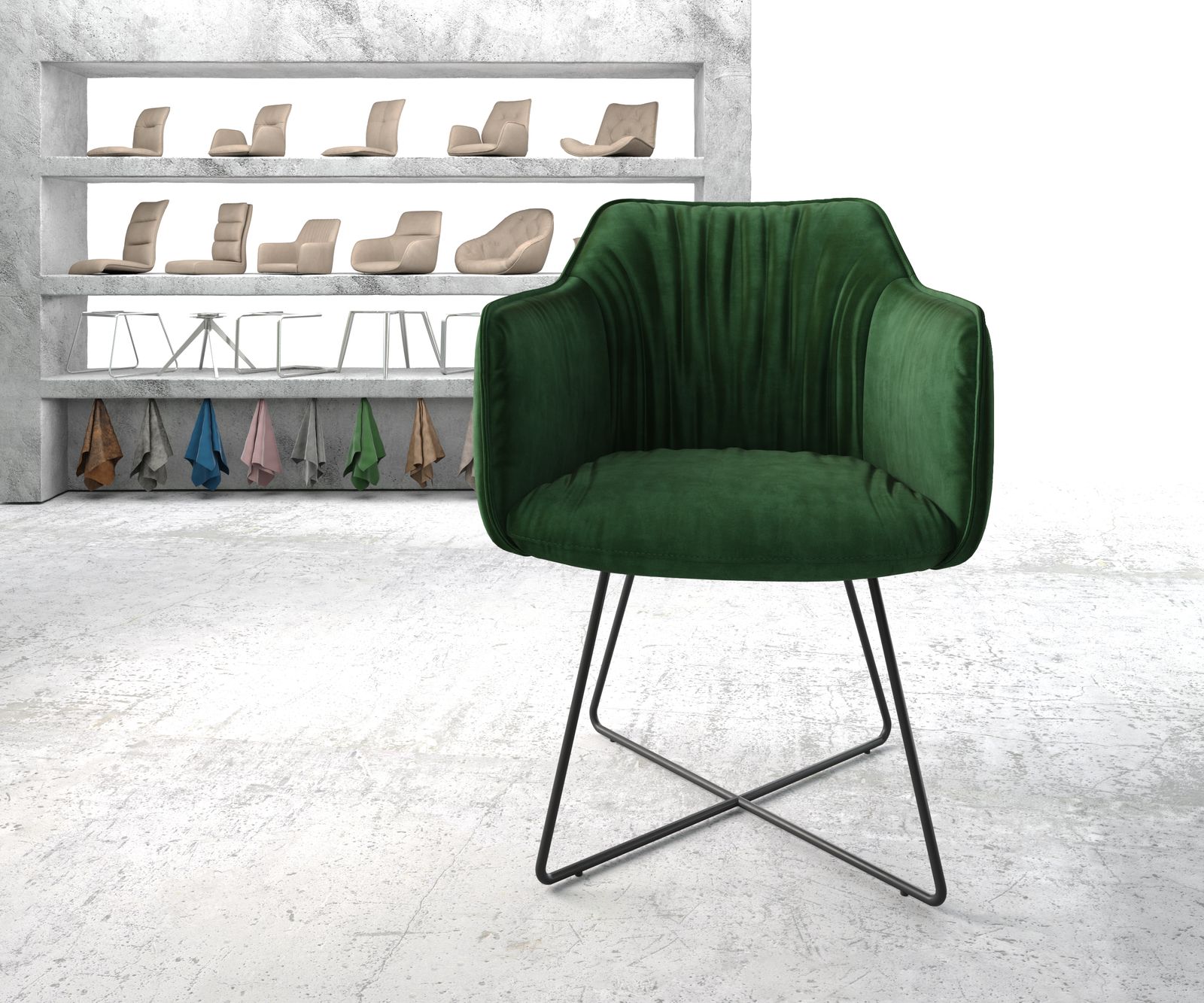 Jídelní židle Elda-Flex s područkami sametově zelená podnož ve tvaru "X" černá - Image 2