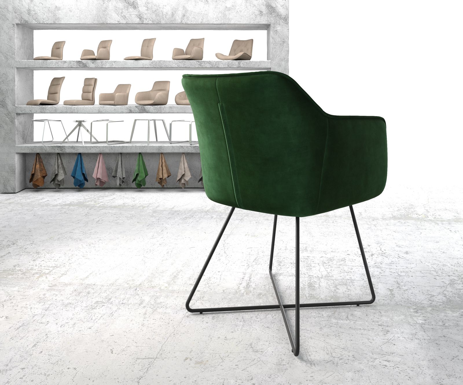 Jídelní židle Elda-Flex s područkami sametově zelená podnož ve tvaru "X" černá - Image 3