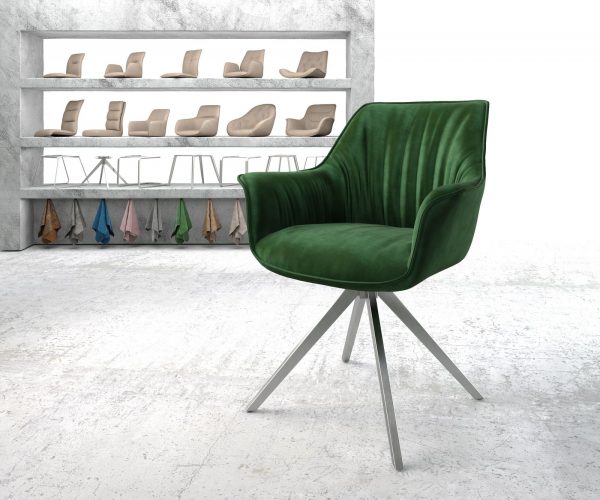 Otočná židle Keila-Flex s područkou samet zelený křížová podnož hranatá otočná z nerezové oceli