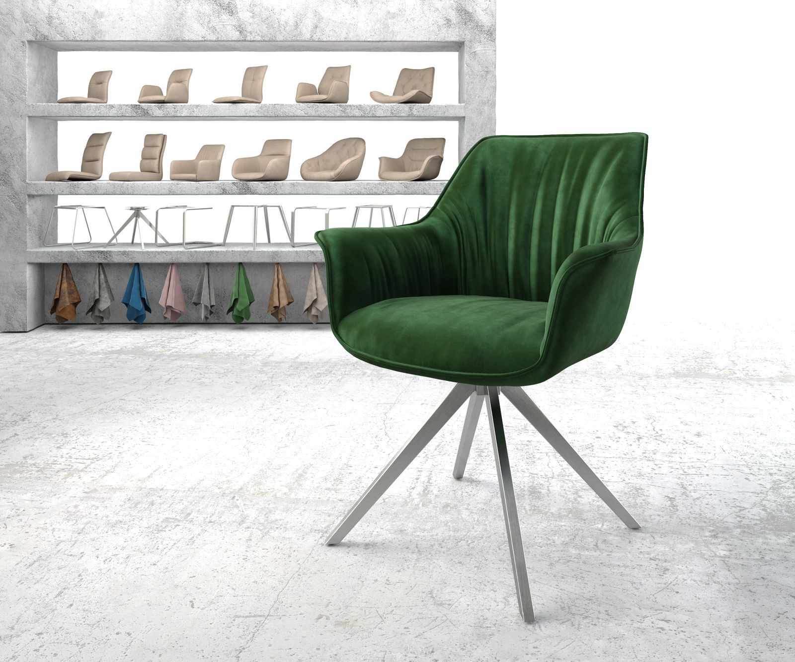 Otočná židle Keila-Flex s područkou samet zelený křížová podnož hranatá otočná z nerezové oceli