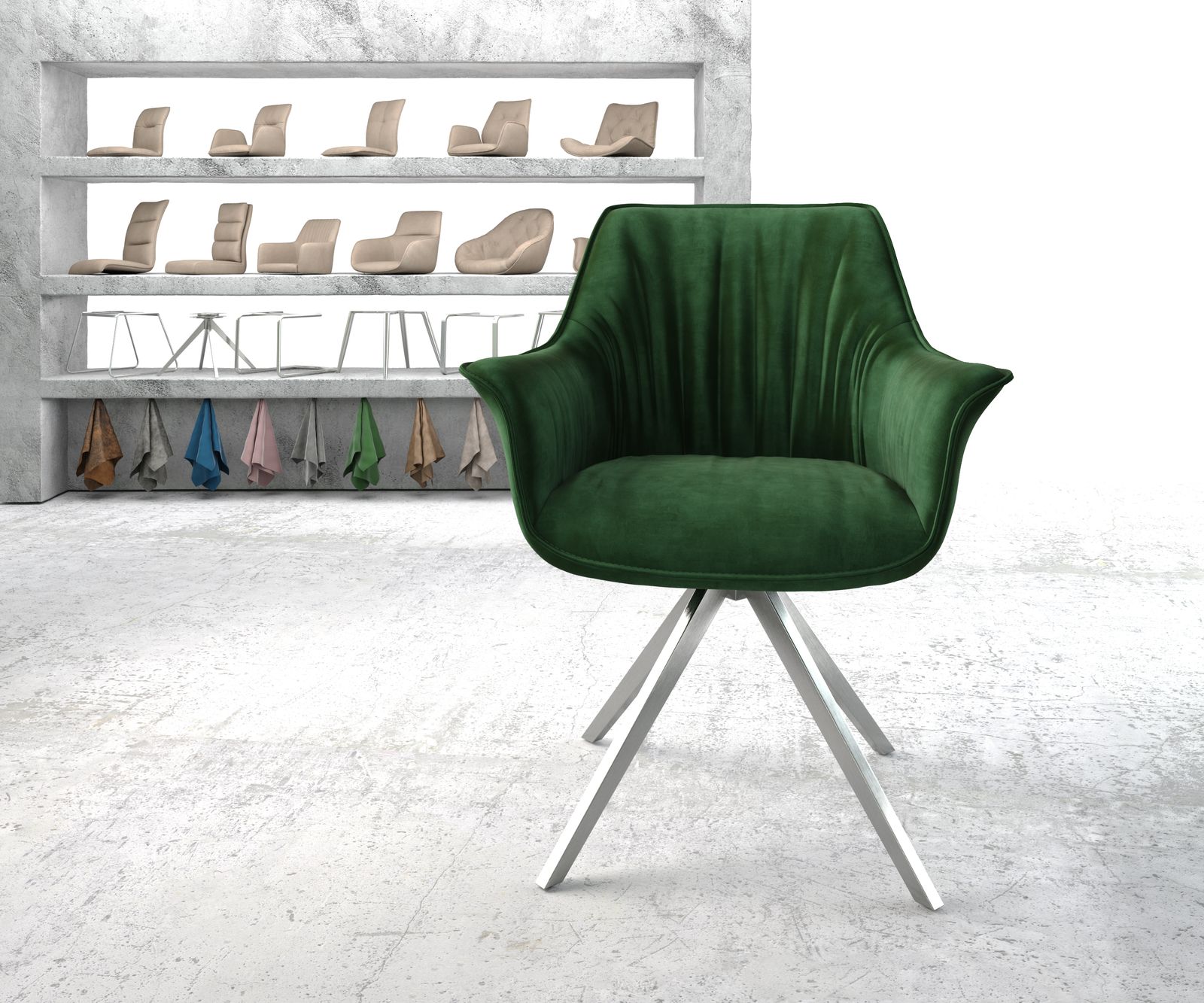 Otočná židle Keila-Flex s područkou samet zelený křížová podnož hranatá otočná z nerezové oceli - Image 2