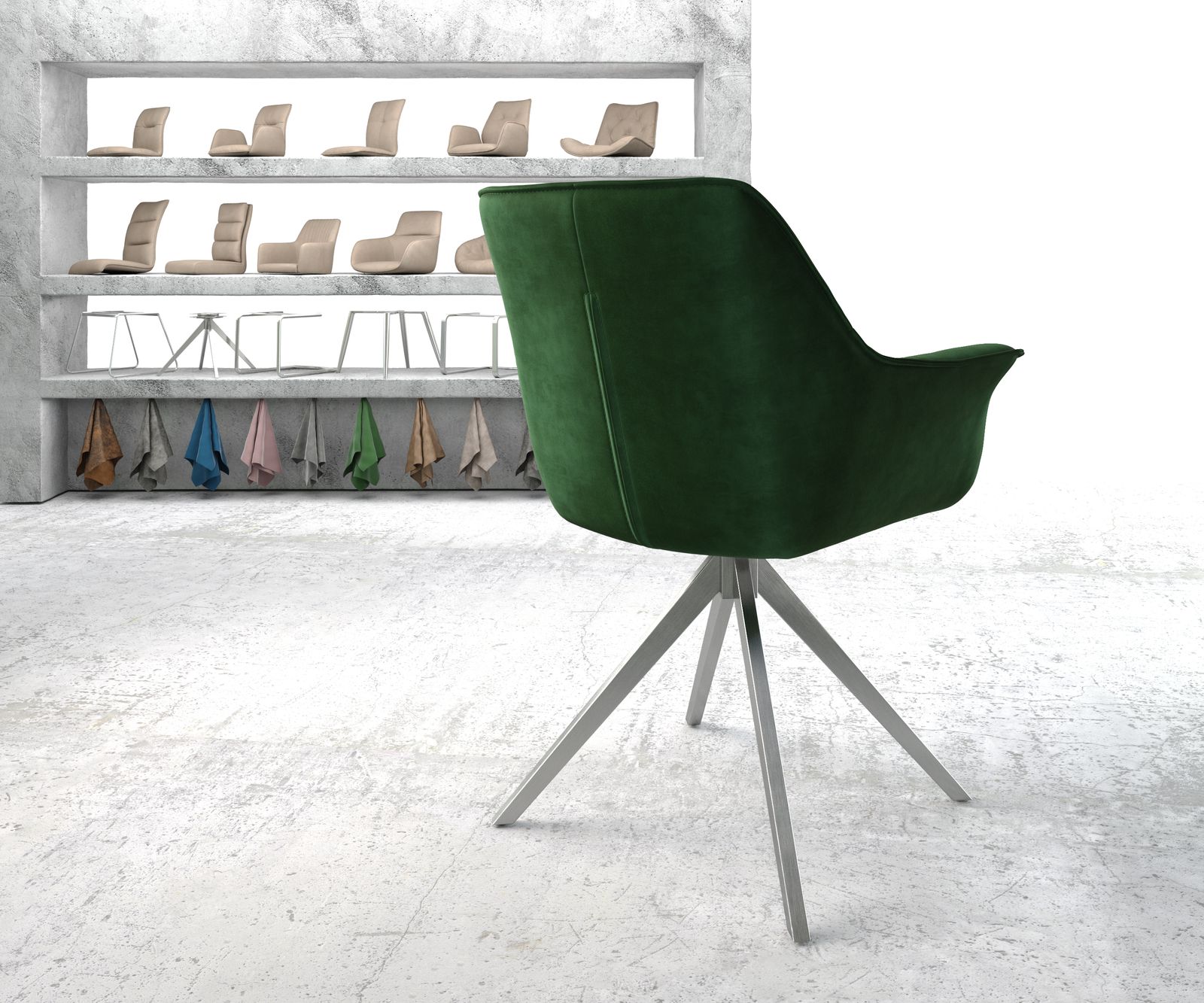 Otočná židle Keila-Flex s područkou samet zelený křížová podnož hranatá otočná z nerezové oceli - Image 3