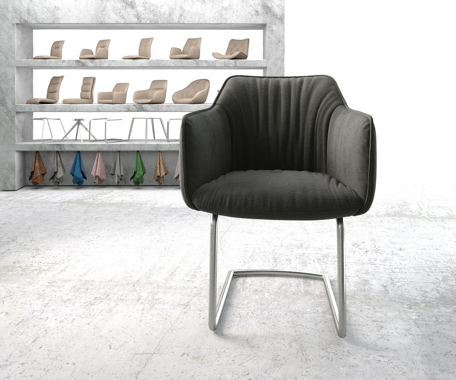 Houpací židle Elda-Flex s područkami Texturovaná tkanina Antracit Konzola Kulatá nerezová ocel - Image 2