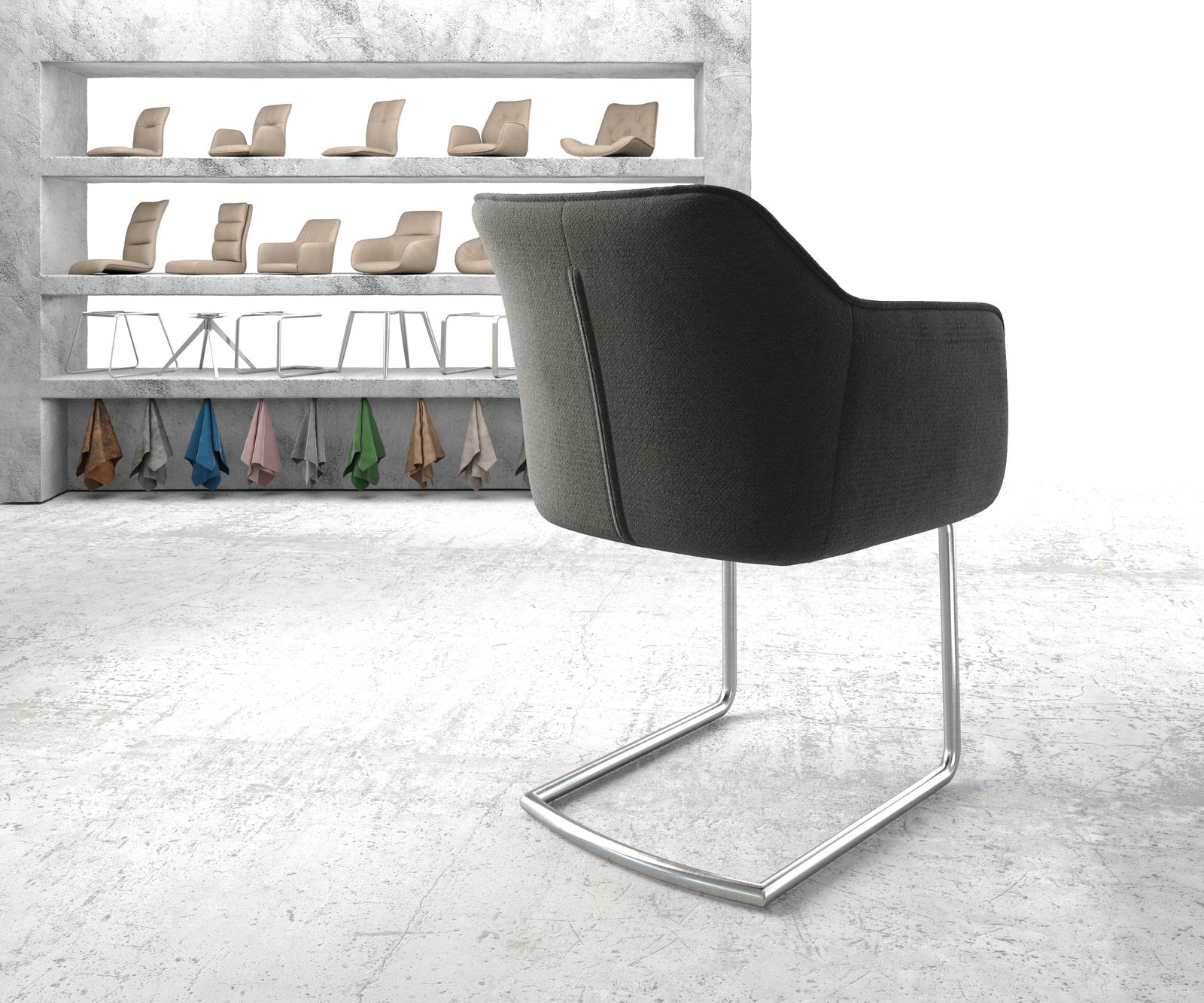 Houpací židle Elda-Flex s područkami Texturovaná tkanina Antracit Konzola Kulatá nerezová ocel - Image 3