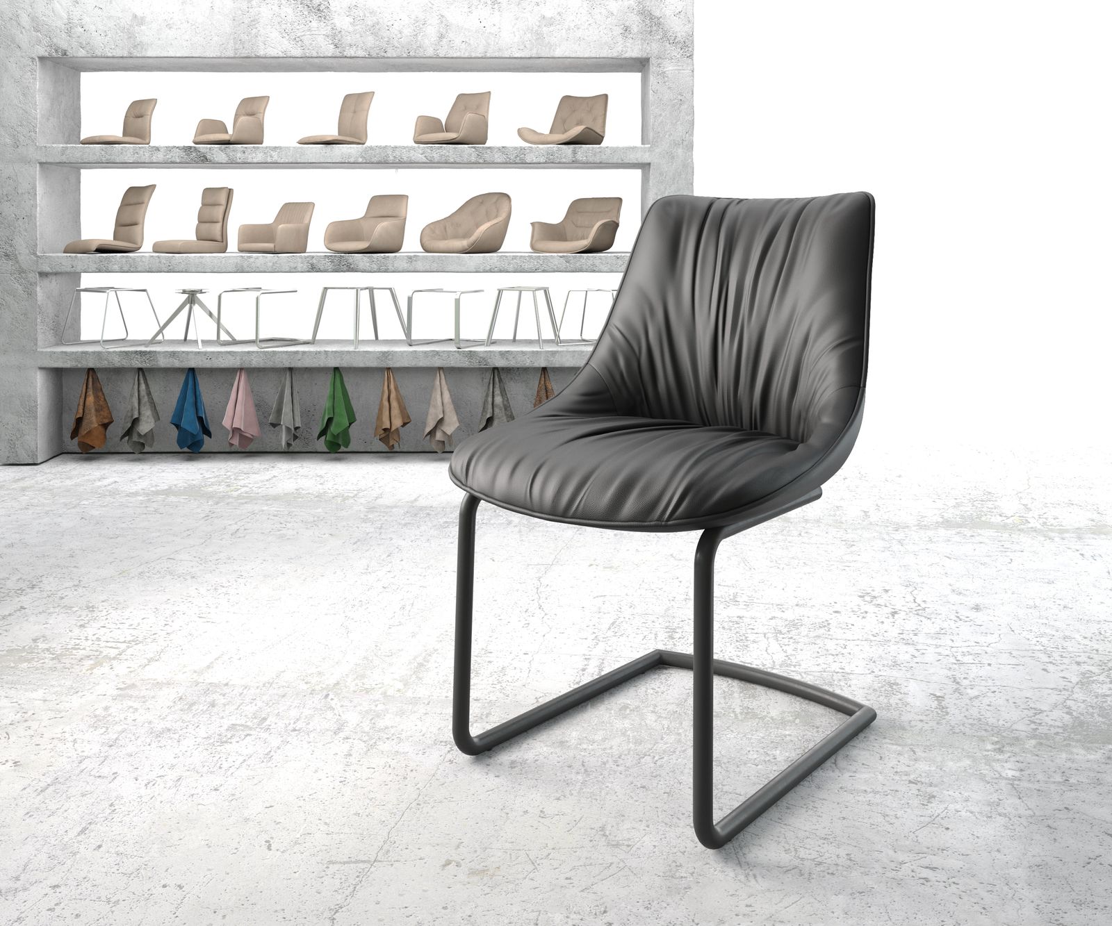 Jídelní židle Elda-FlexPravá Kůže Černá Cantilever Chair Round Černá