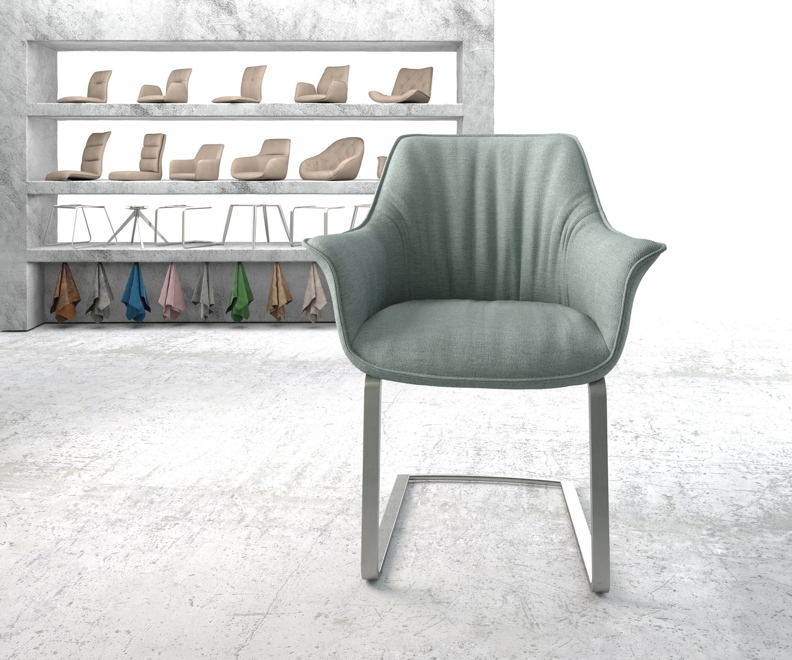 Jídelní židle Keila-Flex s područkou plochá tkanina mincovna konzolová podnož plochá nerezová ocel - Image 2