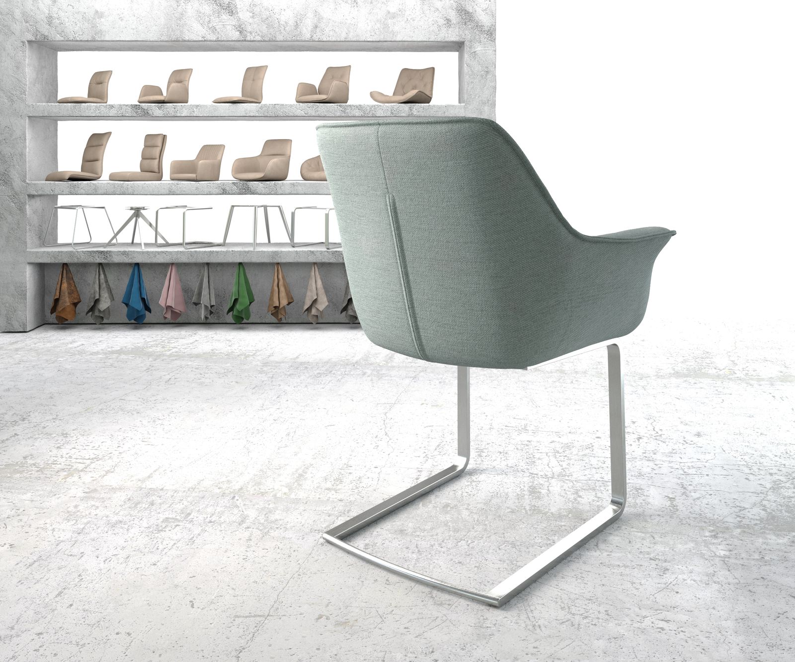 Jídelní židle Keila-Flex s područkou plochá tkanina mincovna konzolová podnož plochá nerezová ocel - Image 3