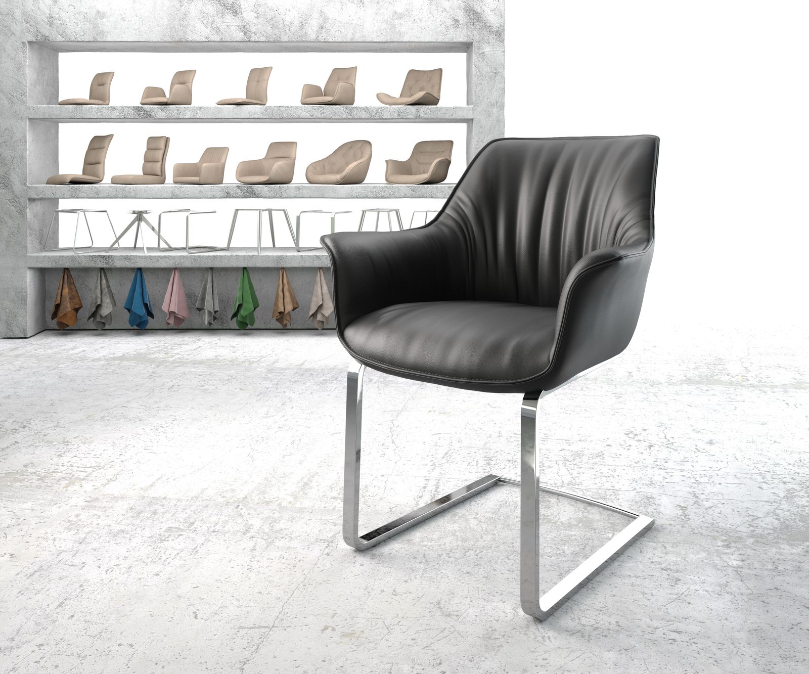 Jídelní židle Keila-Flex s područkami Pravá kůže Černá konzola plochá chromovaná