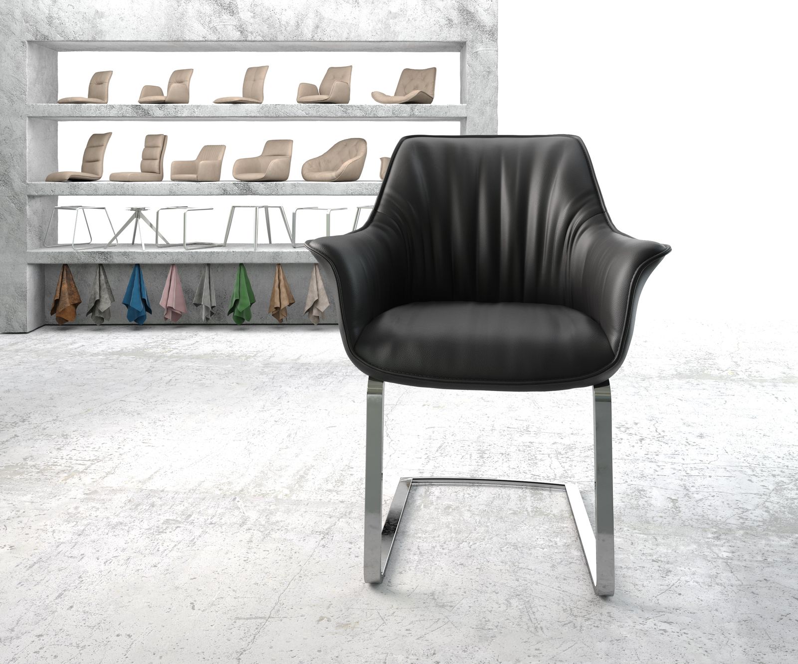 Jídelní židle Keila-Flex s područkami Pravá kůže Černá konzola plochá chromovaná - Image 2