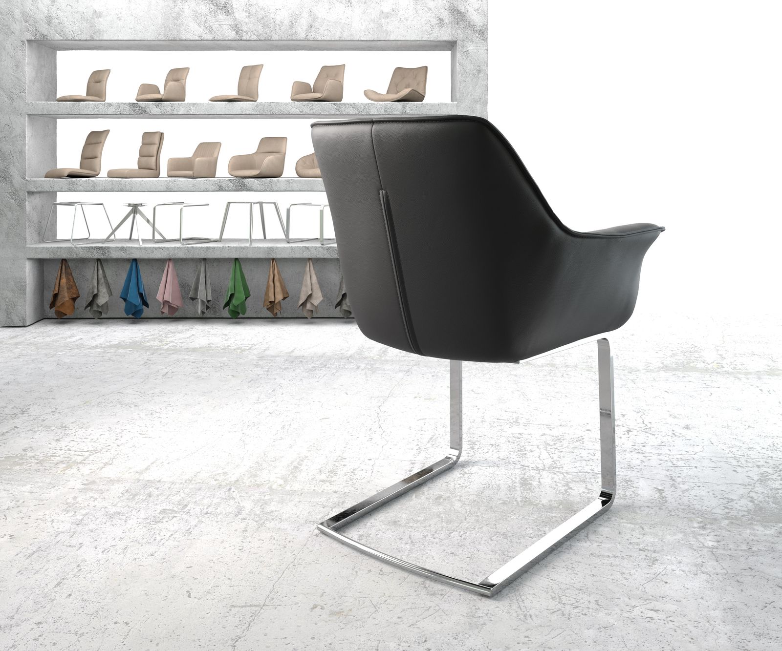 Jídelní židle Keila-Flex s područkami Pravá kůže Černá konzola plochá chromovaná - Image 3