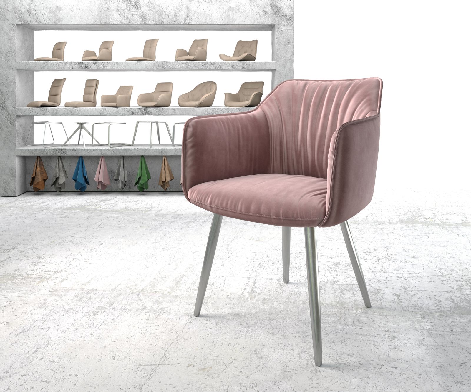 Křeslo Elda-Flex s područkami sametově růžové 4-nohé kónické z nerezové oceli