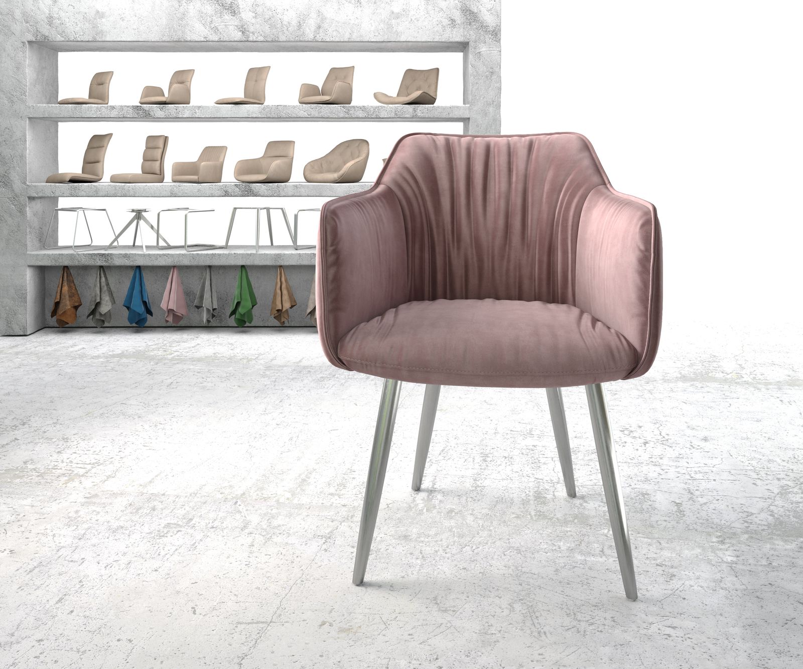 Křeslo Elda-Flex s područkami sametově růžové 4-nohé kónické z nerezové oceli - Image 2