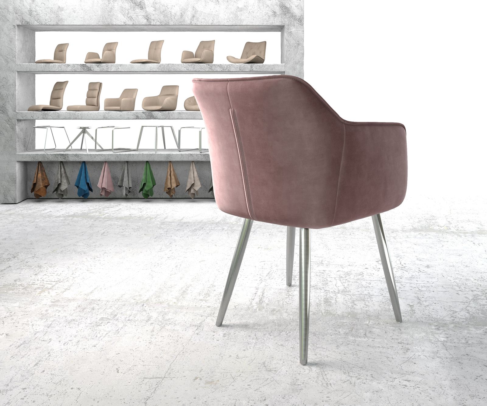 Křeslo Elda-Flex s područkami sametově růžové 4-nohé kónické z nerezové oceli - Image 3