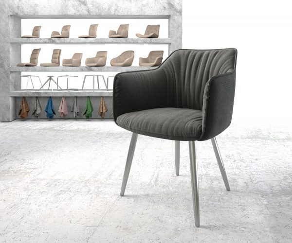 Křeslo Elda-Flex s područkami z texturované látky antracitové barvy 4-nohé kuželové z nerezové oceli