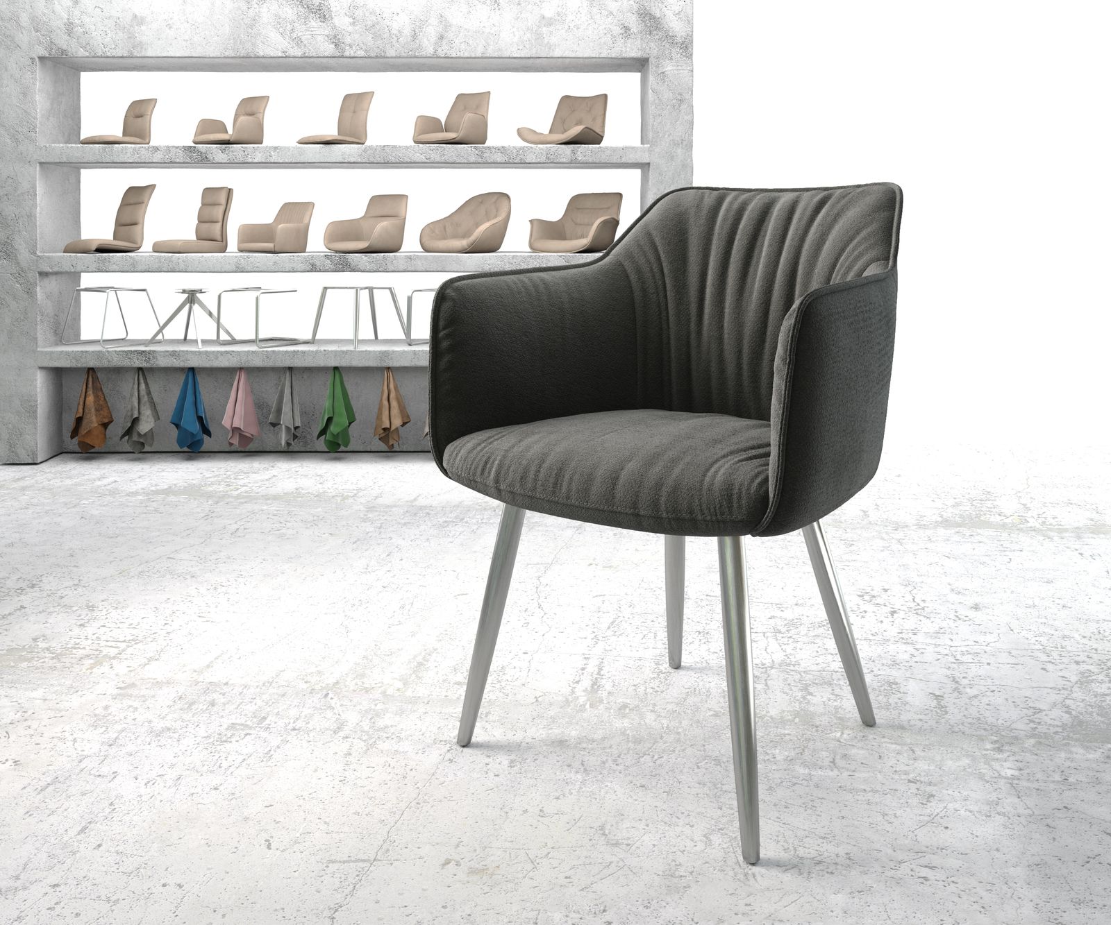 Křeslo Elda-Flex s područkami z texturované látky antracitové barvy 4-nohé kuželové z nerezové oceli