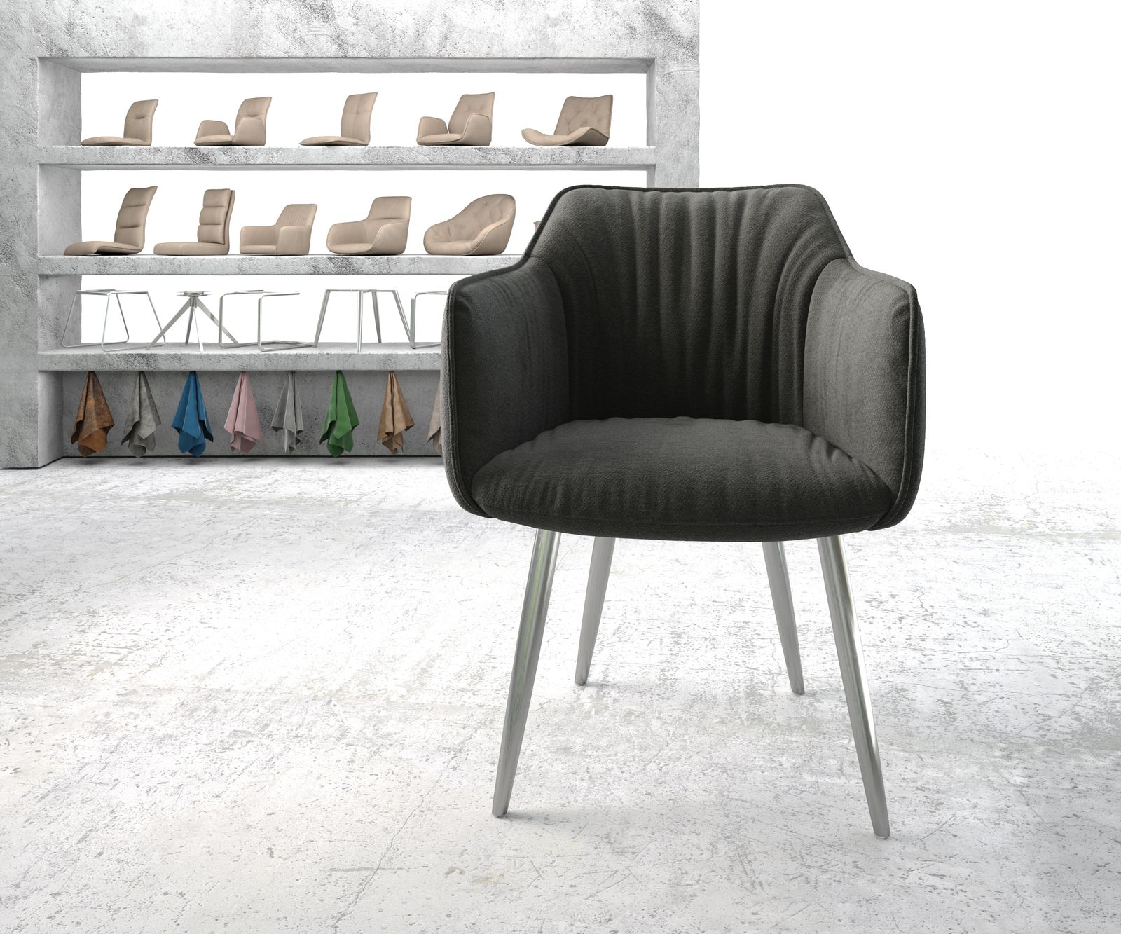 Křeslo Elda-Flex s područkami z texturované látky antracitové barvy 4-nohé kuželové z nerezové oceli - Image 2