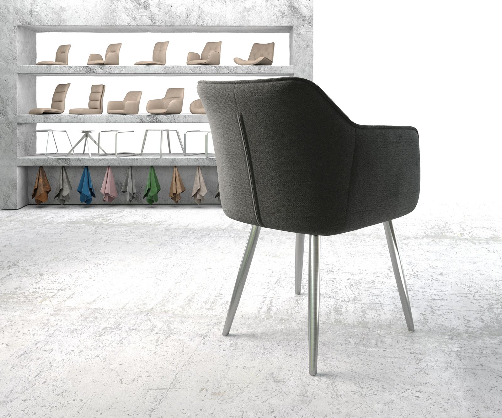 Křeslo Elda-Flex s područkami z texturované látky antracitové barvy 4-nohé kuželové z nerezové oceli - Image 3