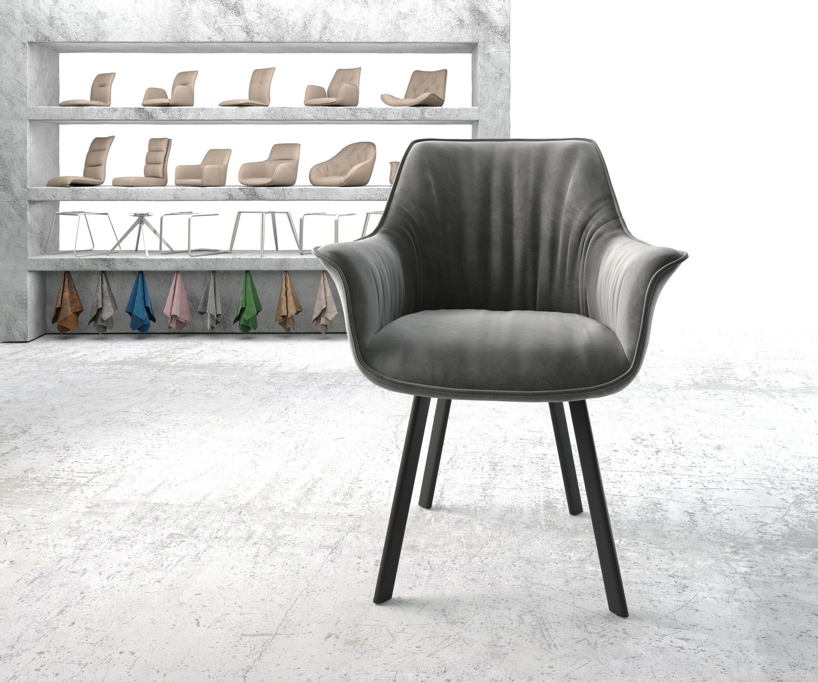 Jídelní židle Keila-Flex s područkami Samet Šedá čtyřnohá oválná Černá - Image 2