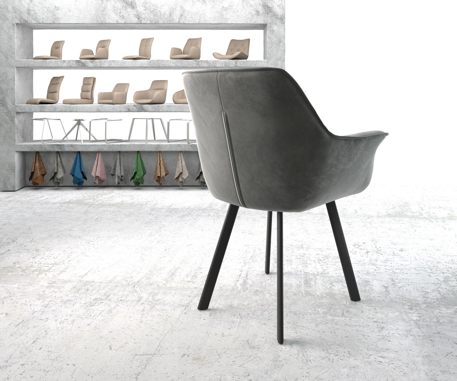 Jídelní židle Keila-Flex s područkami Samet Šedá čtyřnohá oválná Černá - Image 3