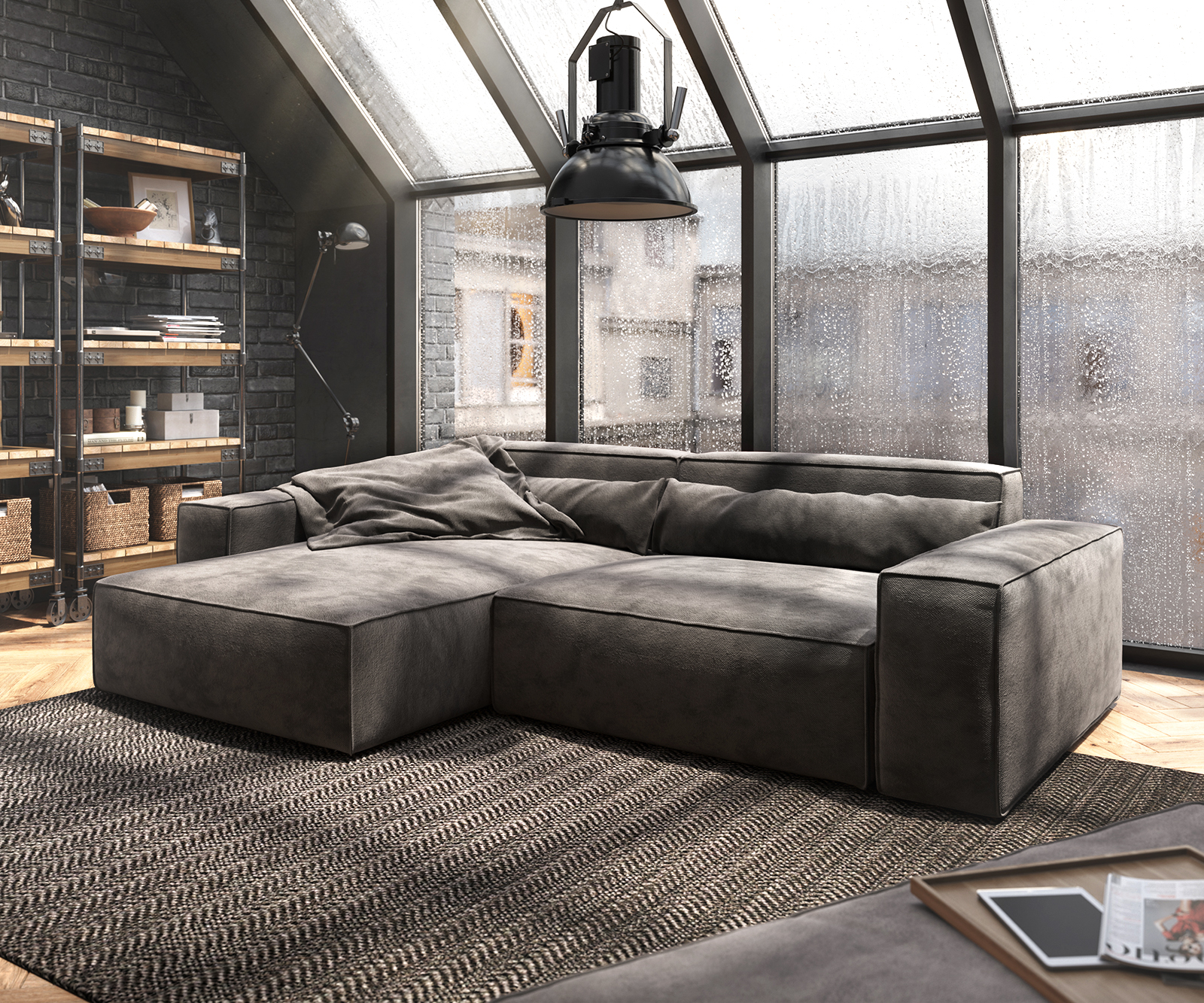 Sarokkanapé Sirpio XL 270x170 cm mikroszálas khaki barna rekamié változtatható puffal