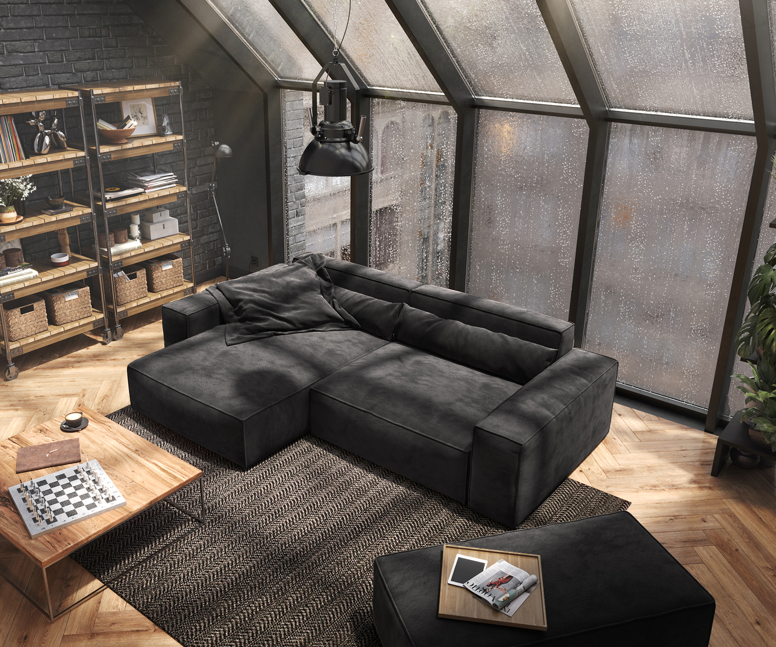 Sarokkanapé Sirpio XL 270x170 cm mikroszálas fekete rekamié változtatható puffal - Image 5