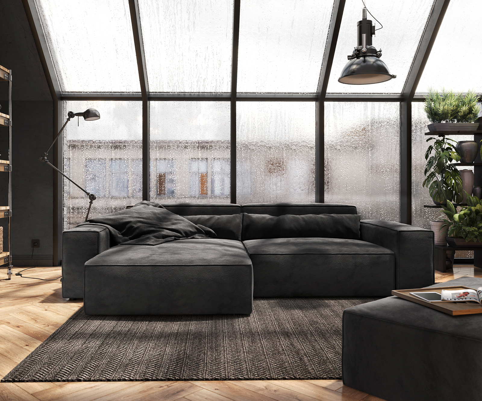 Sarokkanapé Sirpio XL 270x170 cm mikroszálas fekete rekamié változtatható puffal - Image 2