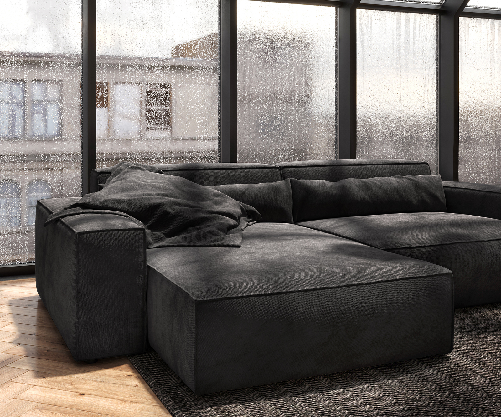 Sarokkanapé Sirpio XL 270x170 cm mikroszálas fekete rekamié változtatható puffal - Image 7