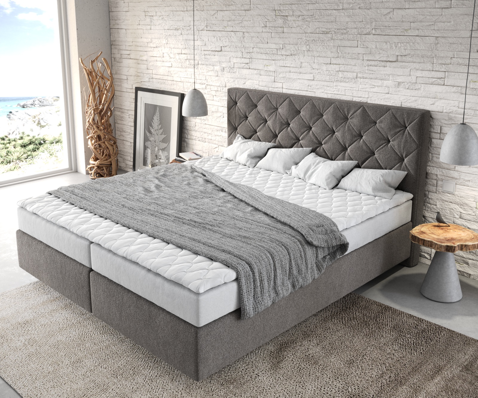 Boxspring postel Dream-Great 180x200 cm mikrovlákno kamenně šedá s matrací a topperem - Image 4