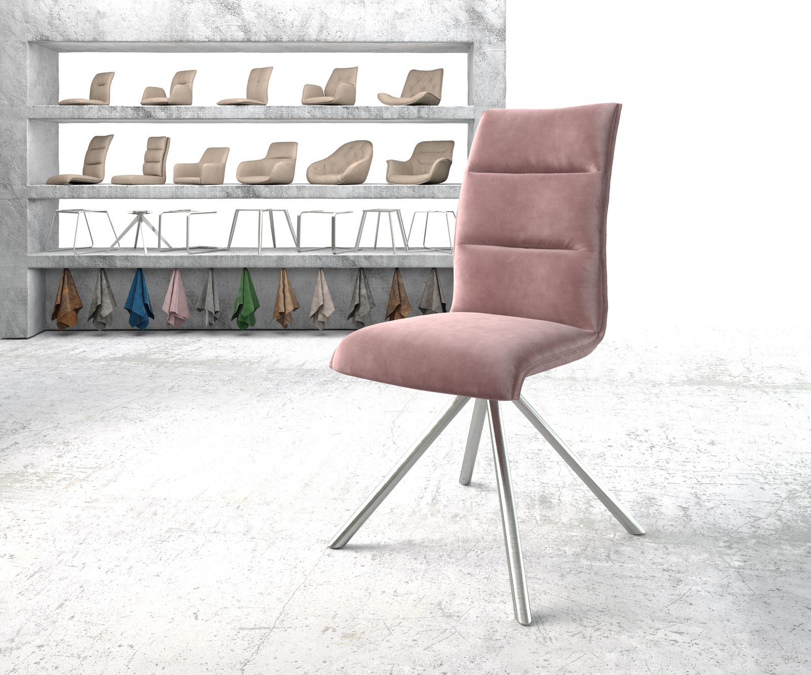 Otočná židle Xantus-Flex růžový samet křížová podnož kulatá otočná z nerezové oceli