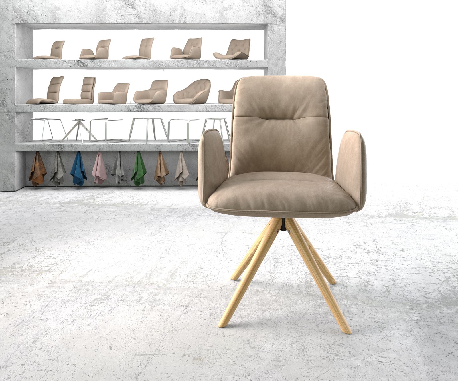 Otočná židle Vinja-Flex béžový vintage mikrovlákno dřevěná podnož zaoblená - Image 2