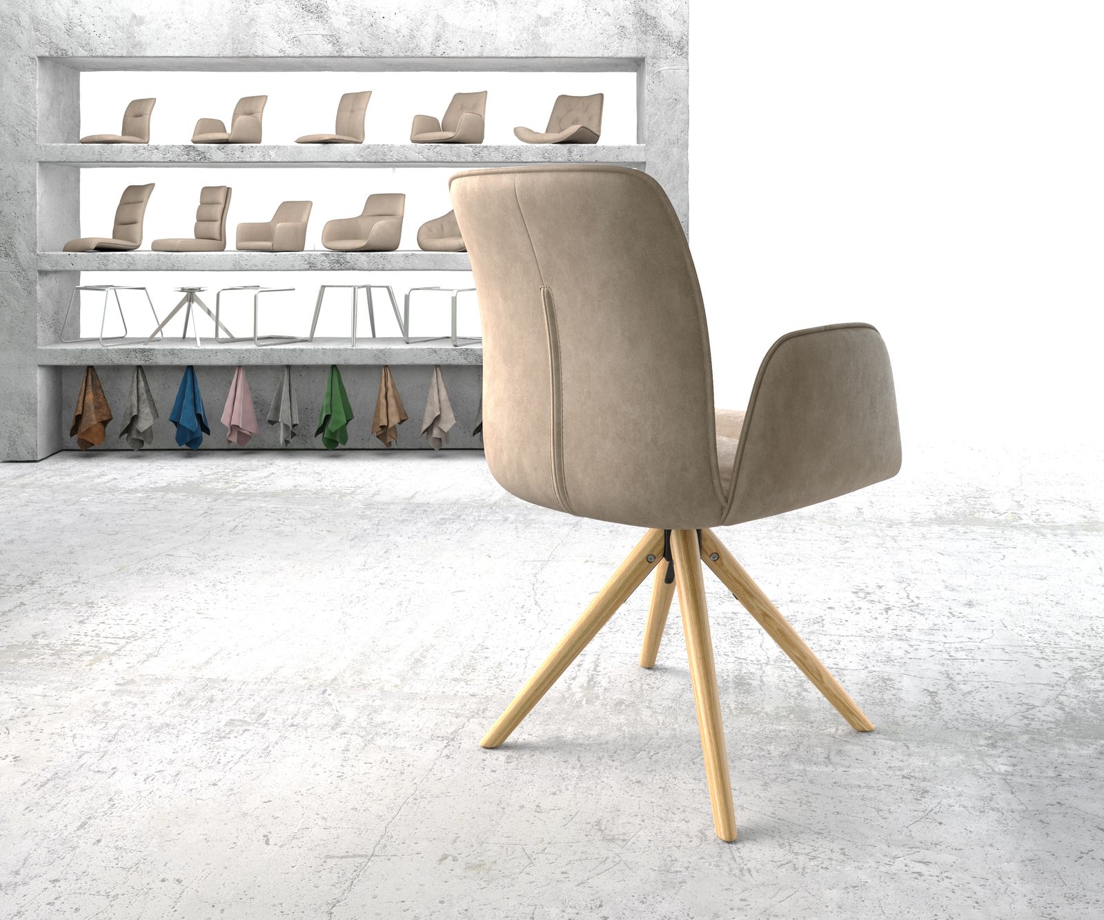 Otočná židle Vinja-Flex béžový vintage mikrovlákno dřevěná podnož zaoblená - Image 3