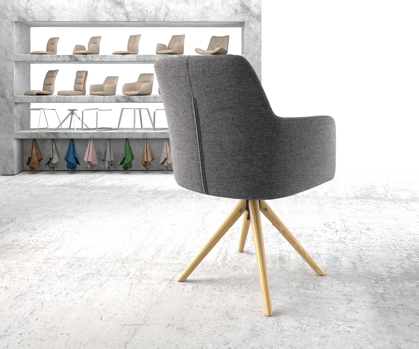 Otočná židle Greg-Flex světle šedá texturovaná tkanina dřevěná podnož zaoblená - Image 3