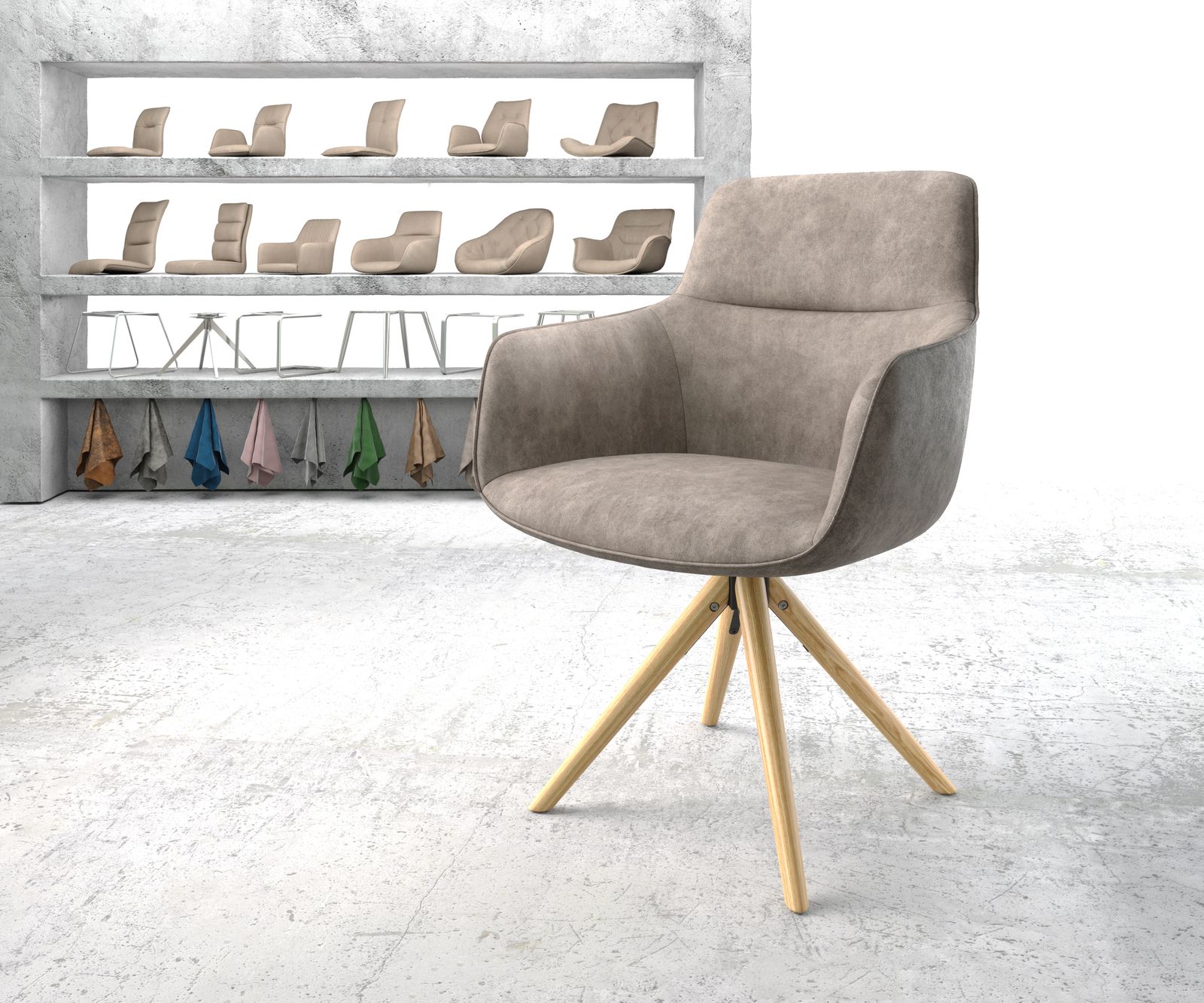 Otočná židle Pejo-Flex taupe vintage mikrovlákno dřevěná podnož zaoblená