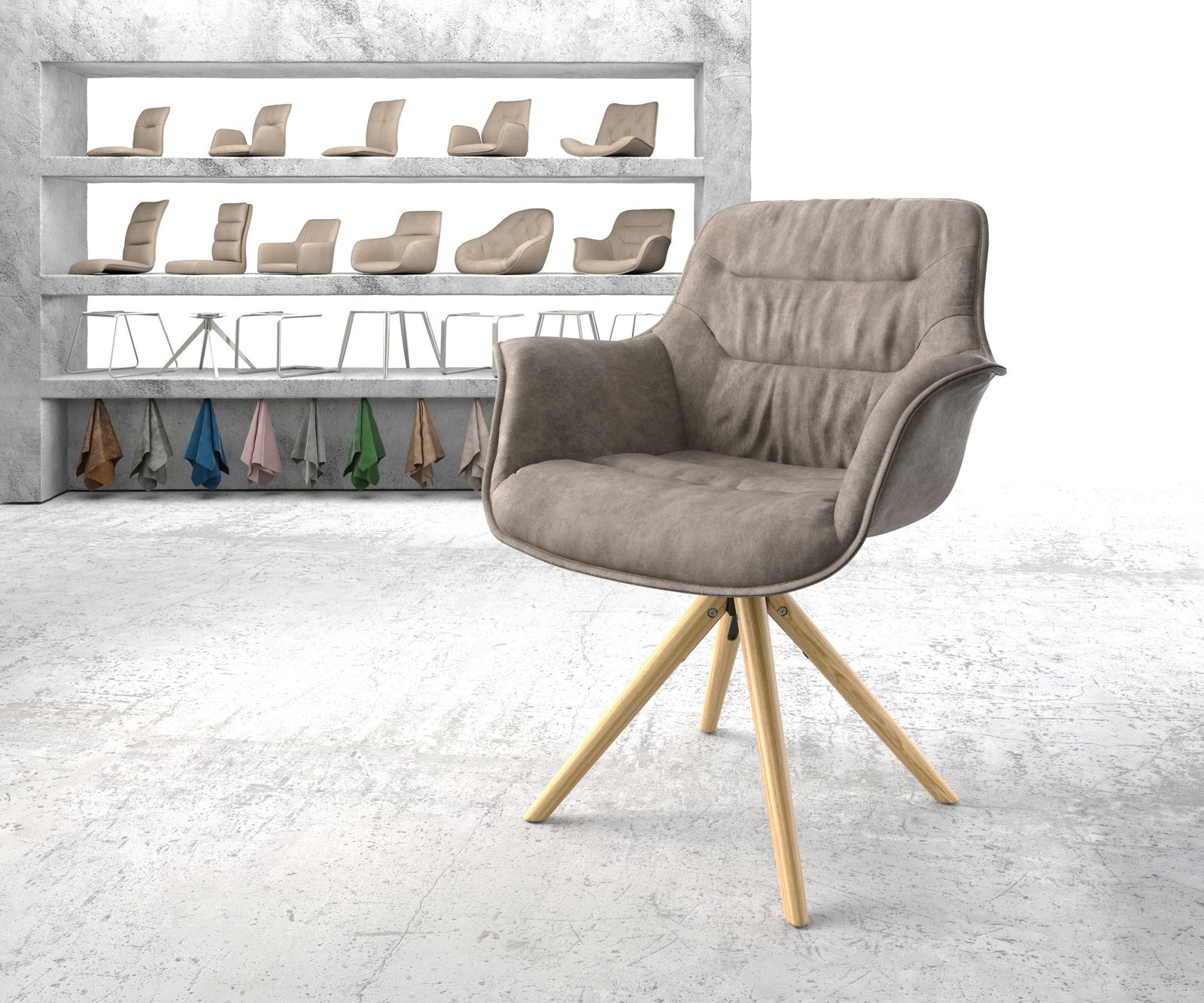 Otočná židle Kaira-Flex taupe vintage mikrovlákno dřevěná podnož zaoblená