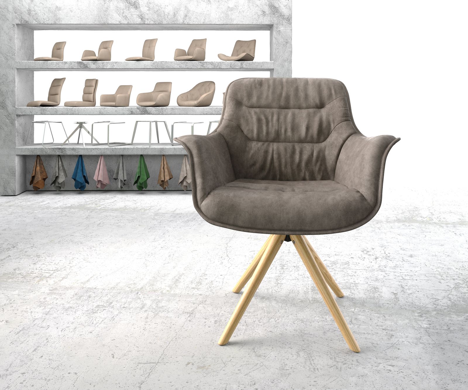 Otočná židle Kaira-Flex taupe vintage mikrovlákno dřevěná podnož zaoblená - Image 2