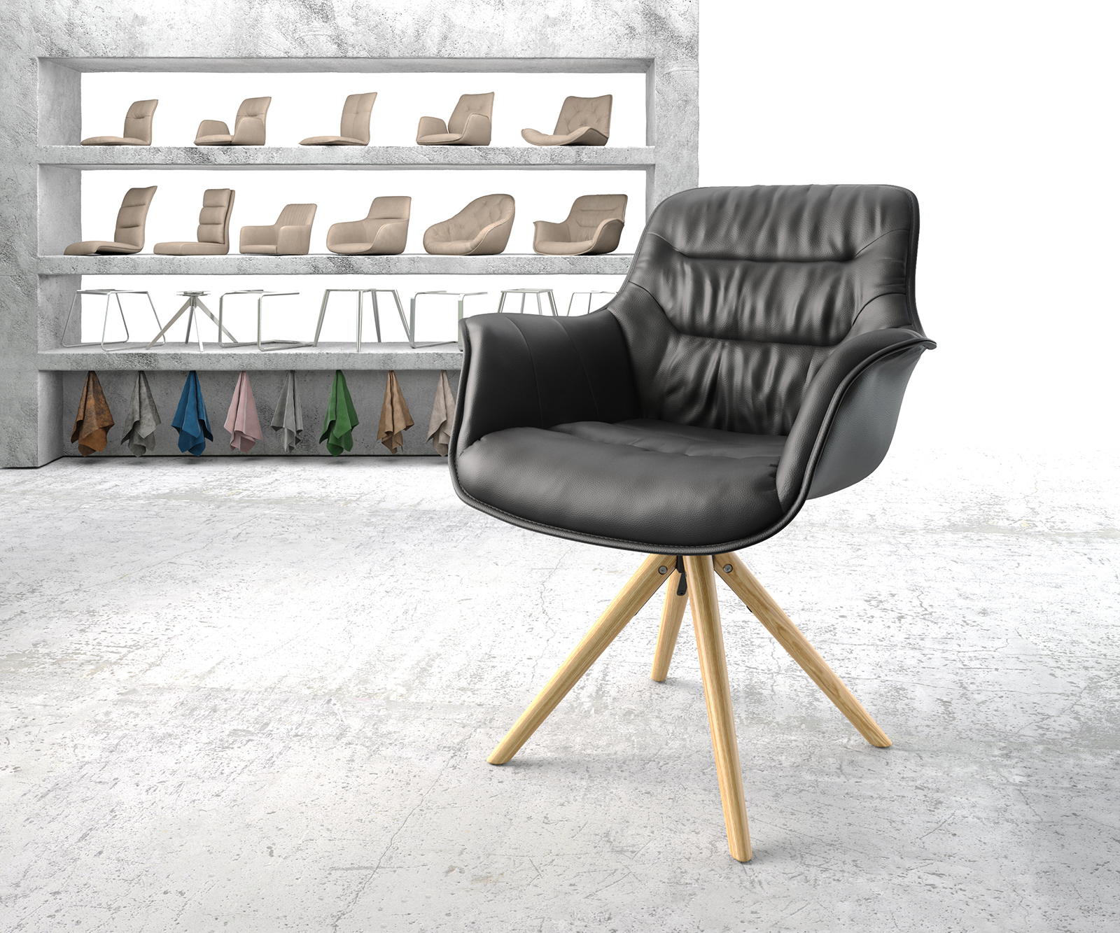 Otočná židle Kaira-Flex černá pravá kůže dřevěná podnož zaoblená otočná