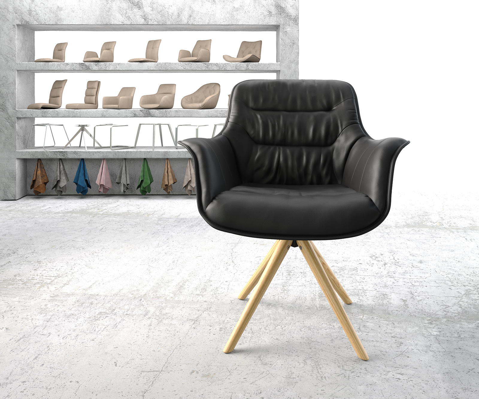 Otočná židle Kaira-Flex černá pravá kůže dřevěná podnož zaoblená otočná - Image 2