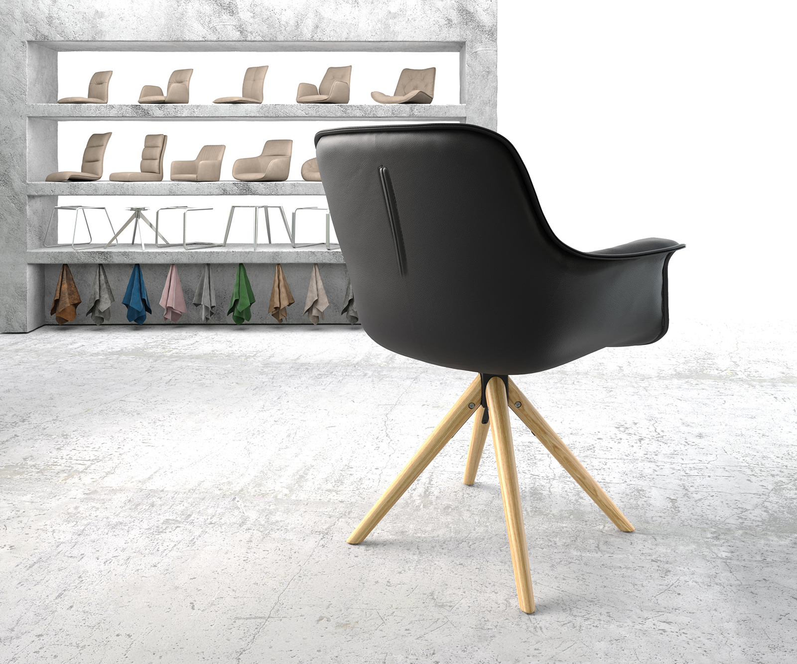 Otočná židle Kaira-Flex černá pravá kůže dřevěná podnož zaoblená otočná - Image 3