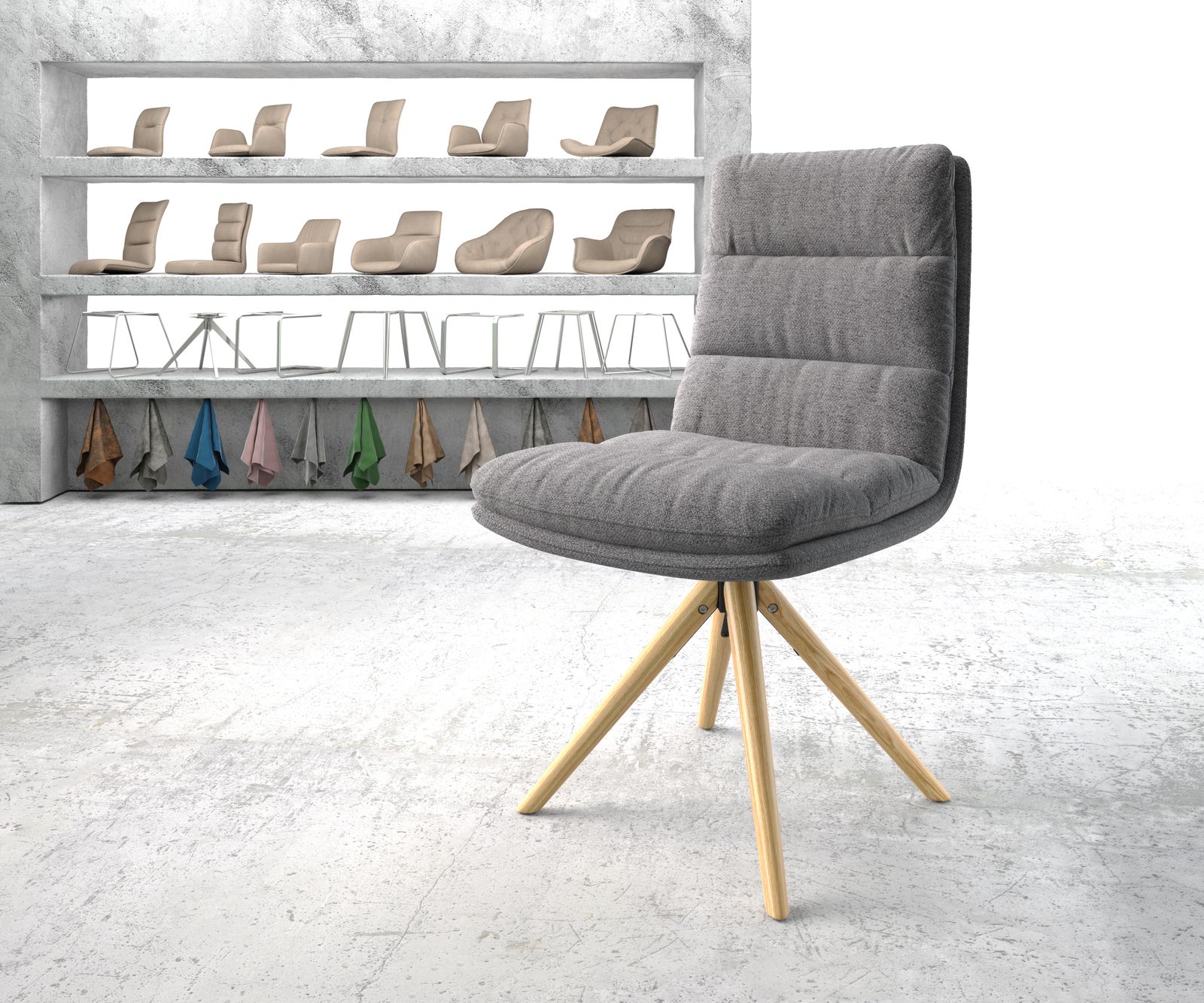 Otočná židle Abelia-Flex Texturovaná tkanina Světle šedá Dřevěný rám Kuželovitý 180° otočení