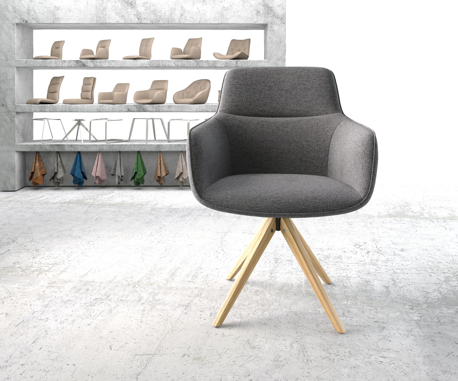 Otočná židle Pejo-Flex světle šedá strukturovaná tkanina dřevěná podnož hranatá - Image 2