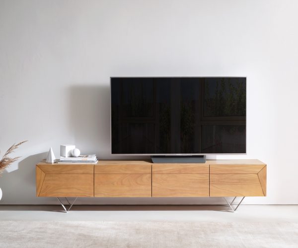 TV szekrény Kayu 200 cm akác természetes 4 ajtós V láb - Image 2