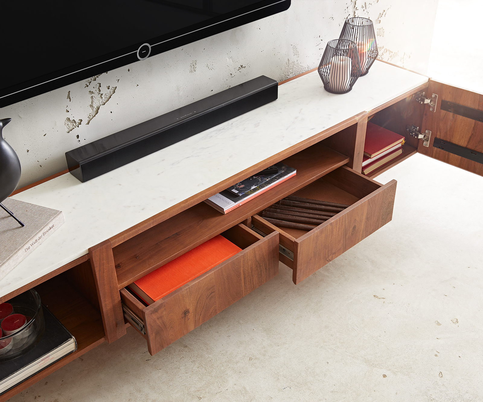 TV stolek Secara 175 cm akácie hnědá 2 dvířka 2 zásuvky mramor závěsné - Image 5