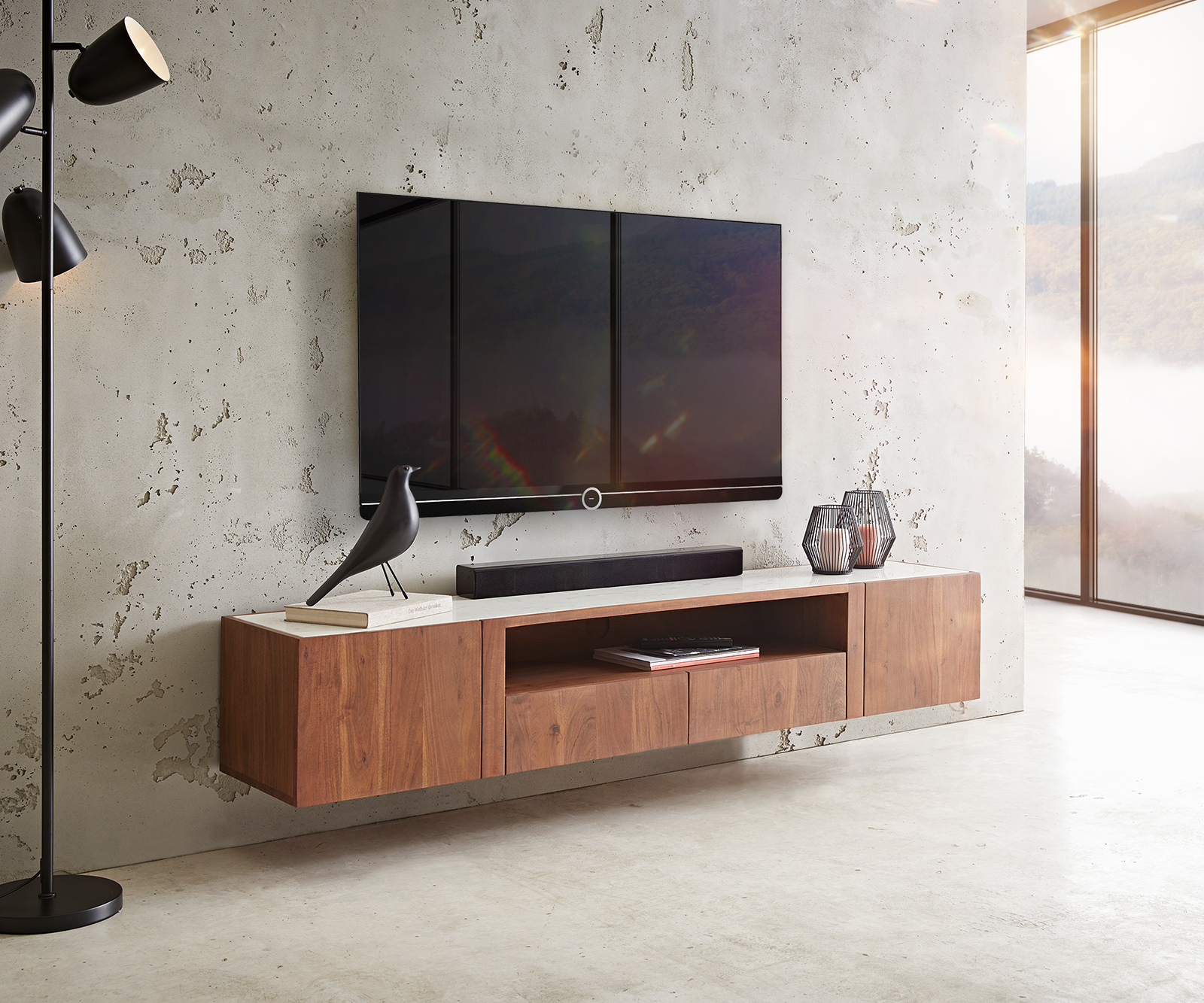TV stolek Secara 175 cm akácie hnědá 2 dvířka 2 zásuvky mramor závěsné - Image 2
