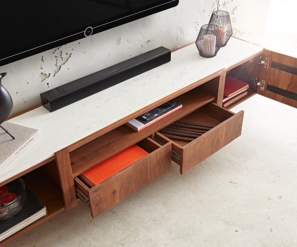 TV szekrény Secara 200 cm akác barna 2 ajtós 2 fiókos lebegő márvány - Image 5
