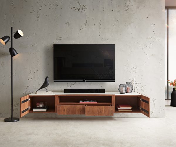 TV szekrény Secara 200 cm akác barna 2 ajtós 2 fiókos lebegő márvány - Image 4