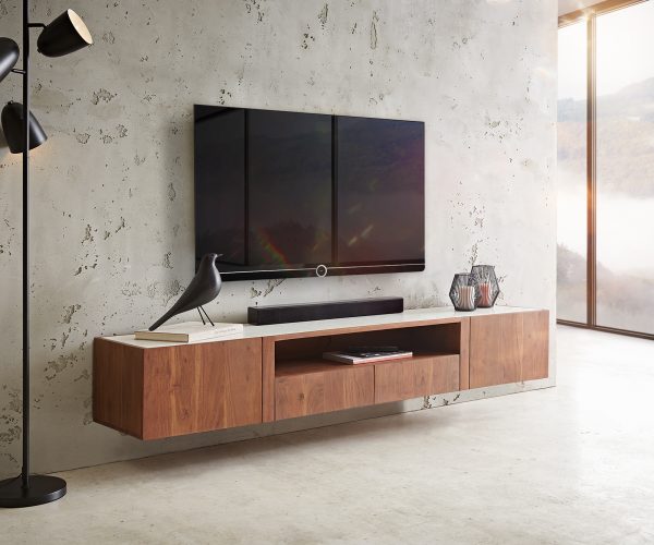 TV szekrény Secara 200 cm akác barna 2 ajtós 2 fiókos lebegő márvány - Image 2