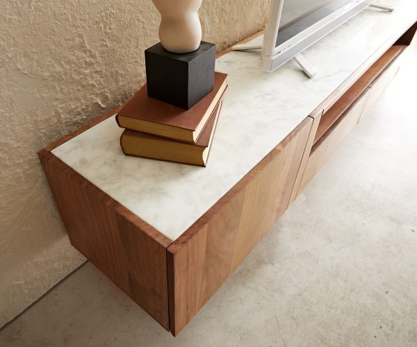 TV szekrény Secara 220 cm akác természetes 2 ajtós 2 fiókos lebegő márvány - Image 6