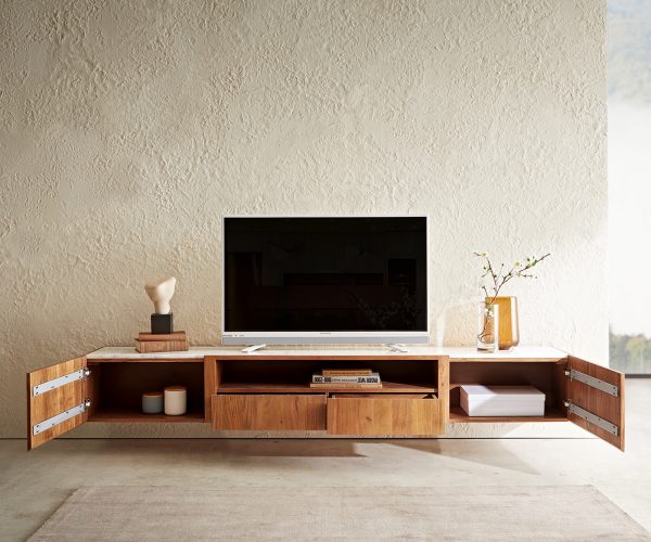 TV szekrény Secara 220 cm akác természetes 2 ajtós 2 fiókos lebegő márvány - Image 5
