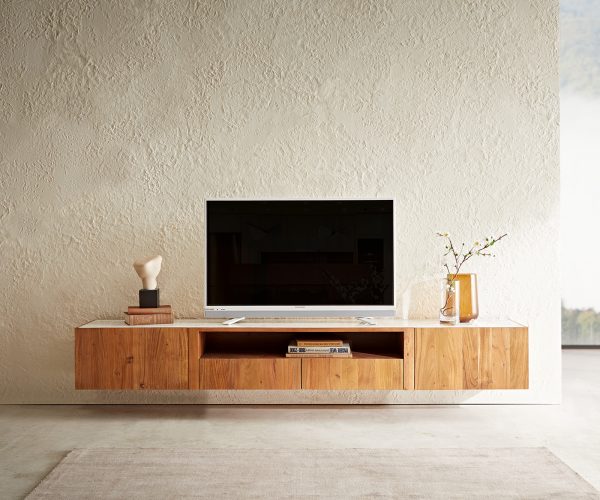TV szekrény Secara 220 cm akác természetes 2 ajtós 2 fiókos lebegő márvány - Image 2