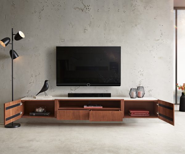 TV szekrény Secara 220 cm akác barna 2 ajtós 2 fiókos lebegő márvány - Image 4